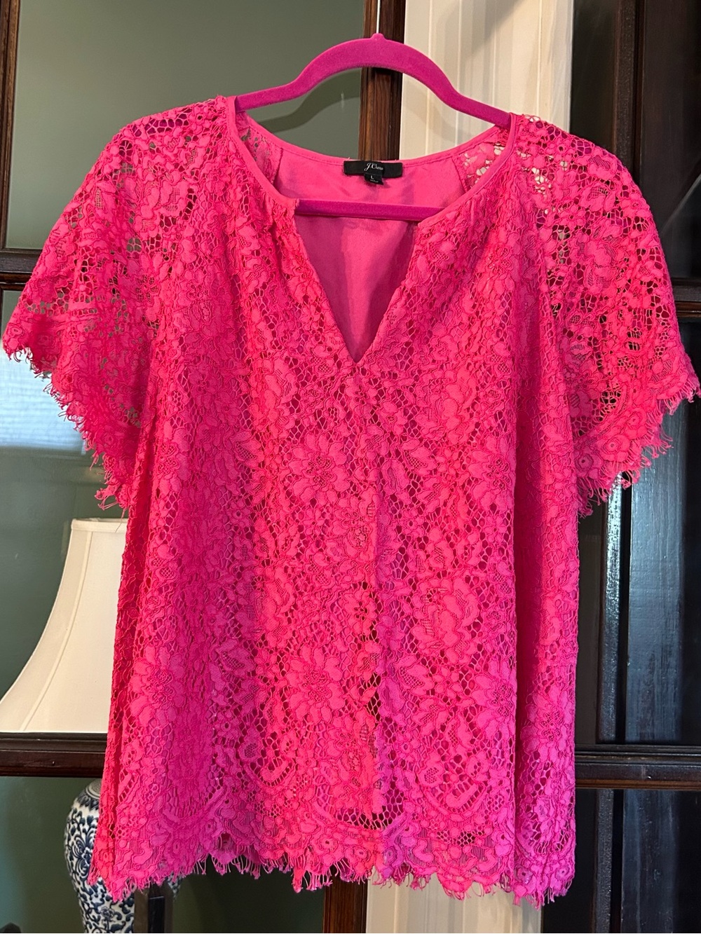J. Crew Hot Pink Lace Flutter-Sleeve Blouse